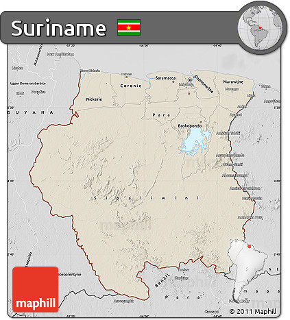 Shaded Relief Map of Suriname, desaturated