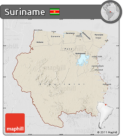 Shaded Relief Map of Suriname, lighten, desaturated