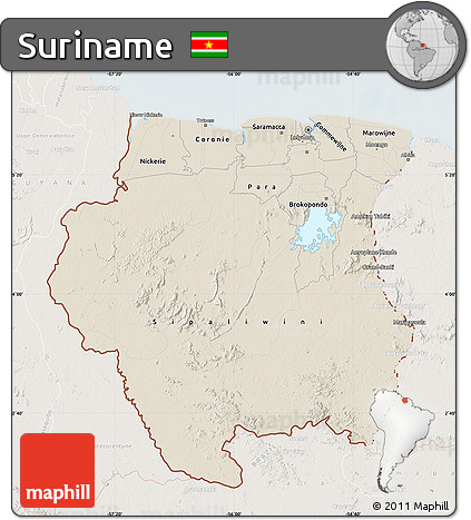 Shaded Relief Map of Suriname, lighten