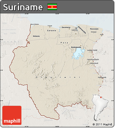Shaded Relief Map of Suriname, lighten