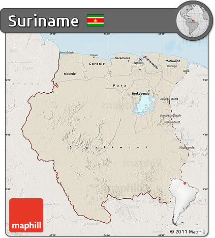 Shaded Relief Map of Suriname, lighten, land only