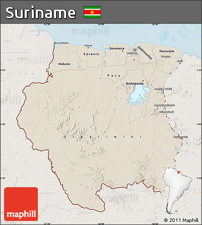Shaded Relief Map of Suriname, lighten, land only