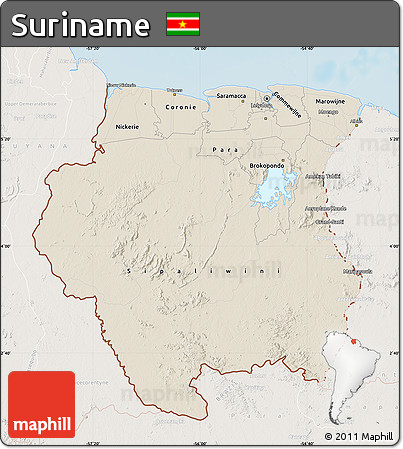 Shaded Relief Map of Suriname, lighten, land only