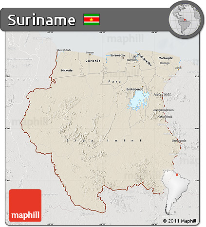 Shaded Relief Map of Suriname, lighten, semi-desaturated
