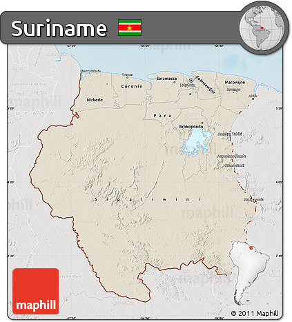 Shaded Relief Map of Suriname, lighten, semi-desaturated, land only