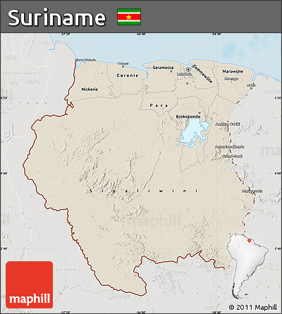 Shaded Relief Map of Suriname, lighten, semi-desaturated, land only