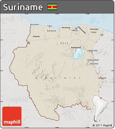 Shaded Relief Map of Suriname, lighten, semi-desaturated, land only
