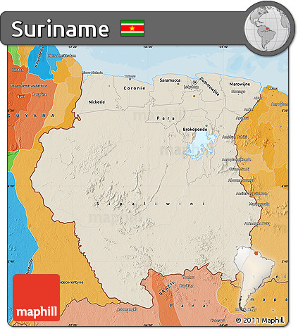 Shaded Relief Map of Suriname, political outside