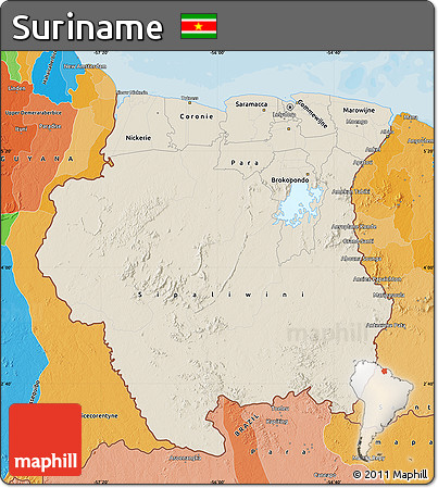 Shaded Relief Map of Suriname, political outside