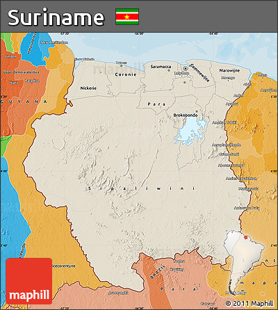 Shaded Relief Map of Suriname, political outside