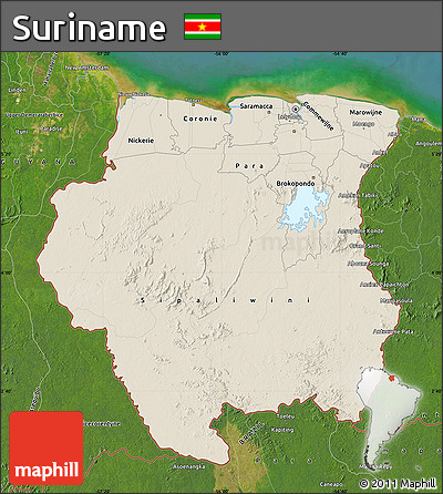 Shaded Relief Map of Suriname, satellite outside