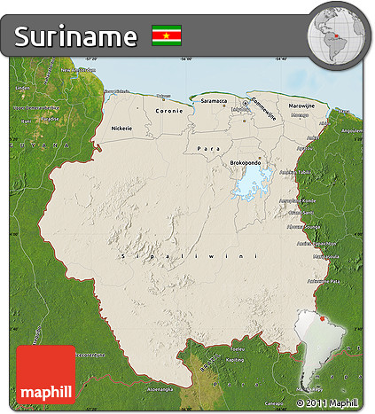 Shaded Relief Map of Suriname, satellite outside, shaded relief sea
