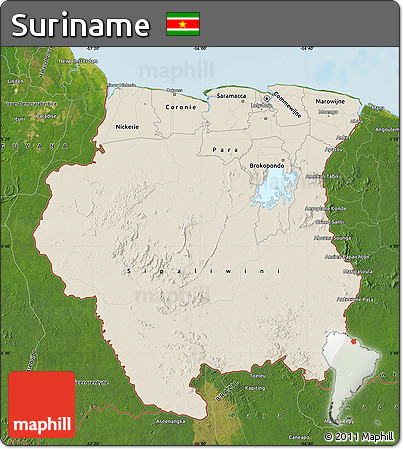 Shaded Relief Map of Suriname, satellite outside, shaded relief sea