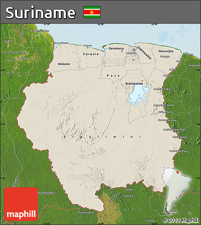 Shaded Relief Map of Suriname, satellite outside, shaded relief sea