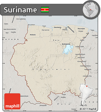 Shaded Relief Map of Suriname, semi-desaturated