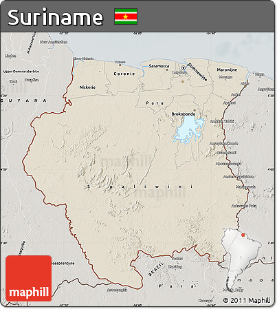 Shaded Relief Map of Suriname, semi-desaturated