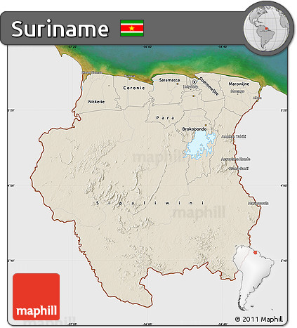Shaded Relief Map of Suriname, single color outside, satellite sea