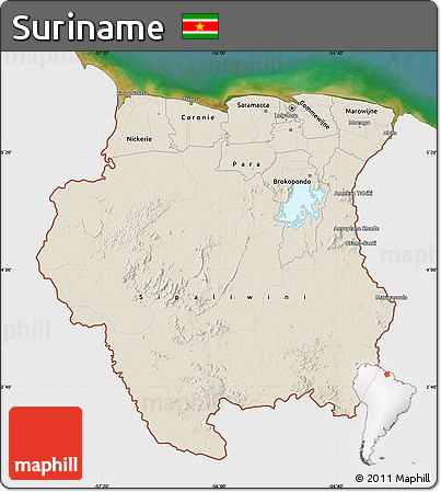 Shaded Relief Map of Suriname, single color outside, satellite sea