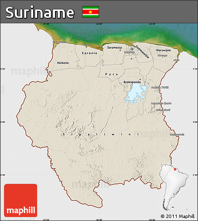 Shaded Relief Map of Suriname, single color outside, satellite sea