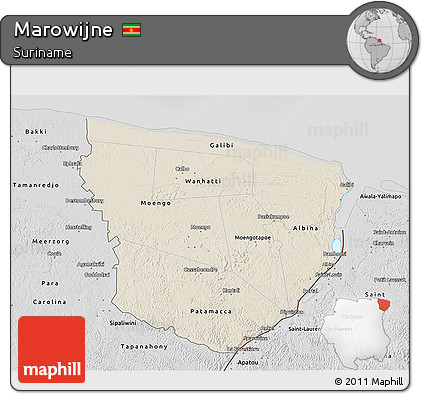 Shaded Relief 3D Map of Marowijne, desaturated