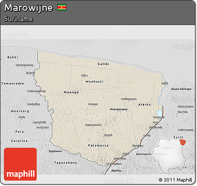 Shaded Relief 3D Map of Marowijne, desaturated