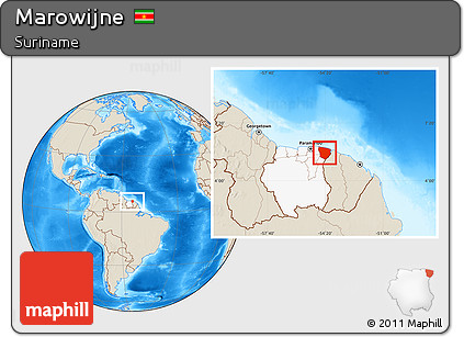 Shaded Relief Location Map of Marowijne, highlighted country