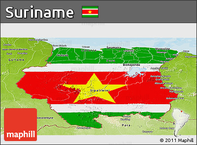 Flag Panoramic Map of Suriname, physical outside, bathymetry sea, flag centered
