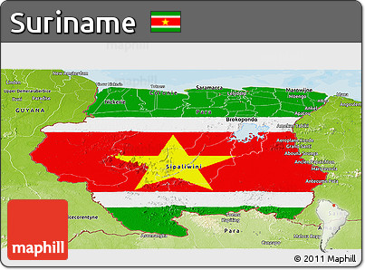Flag Panoramic Map of Suriname, physical outside, bathymetry sea, flag centered