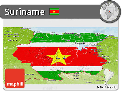 Flag Panoramic Map of Suriname, physical outside, bathymetry sea