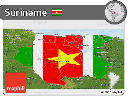 Flag Panoramic Map of Suriname, satellite outside, bathymetry sea, flag aligned to the middle