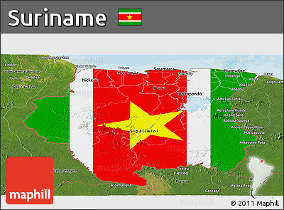 Flag Panoramic Map of Suriname, satellite outside, bathymetry sea, flag aligned to the middle