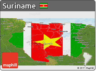 Flag Panoramic Map of Suriname, satellite outside, bathymetry sea, flag aligned to the middle
