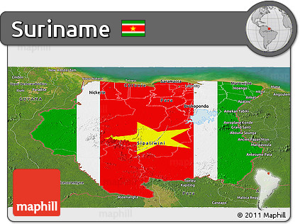 Flag Panoramic Map of Suriname, satellite outside, flag rotated