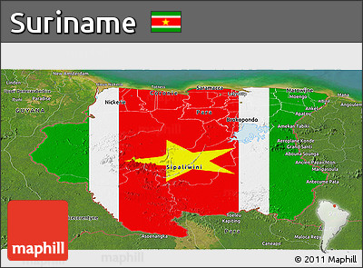 Flag Panoramic Map of Suriname, satellite outside, flag rotated
