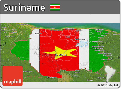 Flag Panoramic Map of Suriname, satellite outside, flag rotated