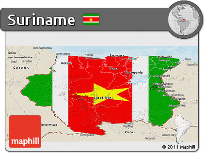 Flag Panoramic Map of Suriname, shaded relief outside, bathymetry sea, flag rotated
