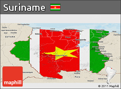 Flag Panoramic Map of Suriname, shaded relief outside, bathymetry sea, flag rotated