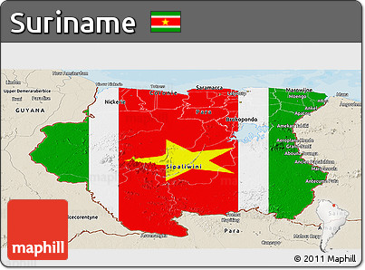 Flag Panoramic Map of Suriname, shaded relief outside, bathymetry sea, flag rotated