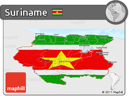 Flag Panoramic Map of Suriname, single color outside, bathymetry sea, flag centered