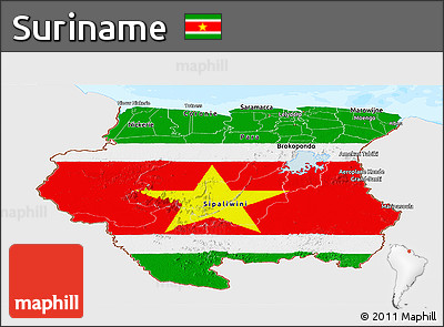 Flag Panoramic Map of Suriname, single color outside, bathymetry sea, flag centered