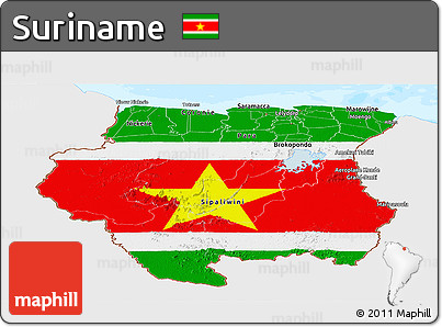 Flag Panoramic Map of Suriname, single color outside, bathymetry sea, flag centered