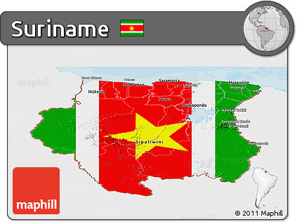 Flag Panoramic Map of Suriname, single color outside, bathymetry sea, shaded relief sea, flag aligned to the middle