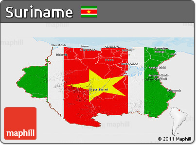 Flag Panoramic Map of Suriname, single color outside, bathymetry sea, shaded relief sea, flag aligned to the middle