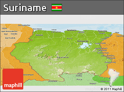 Physical Panoramic Map of Suriname, political shades outside