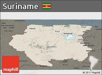 Shaded Relief Panoramic Map of Suriname, darken