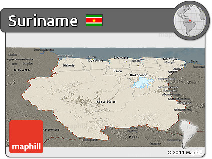 Shaded Relief Panoramic Map of Suriname, darken