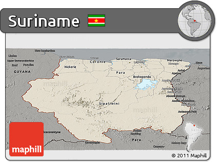 Shaded Relief Panoramic Map of Suriname, darken, semi-desaturated