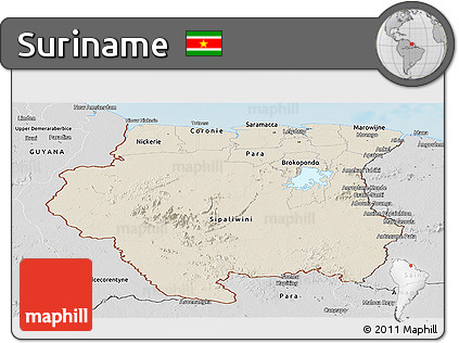 Shaded Relief Panoramic Map of Suriname, desaturated, land only