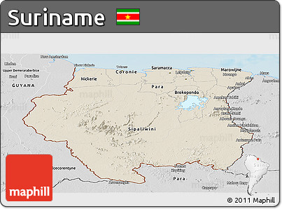 Shaded Relief Panoramic Map of Suriname, desaturated, land only