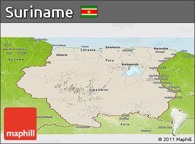 Shaded Relief Panoramic Map of Suriname, physical outside